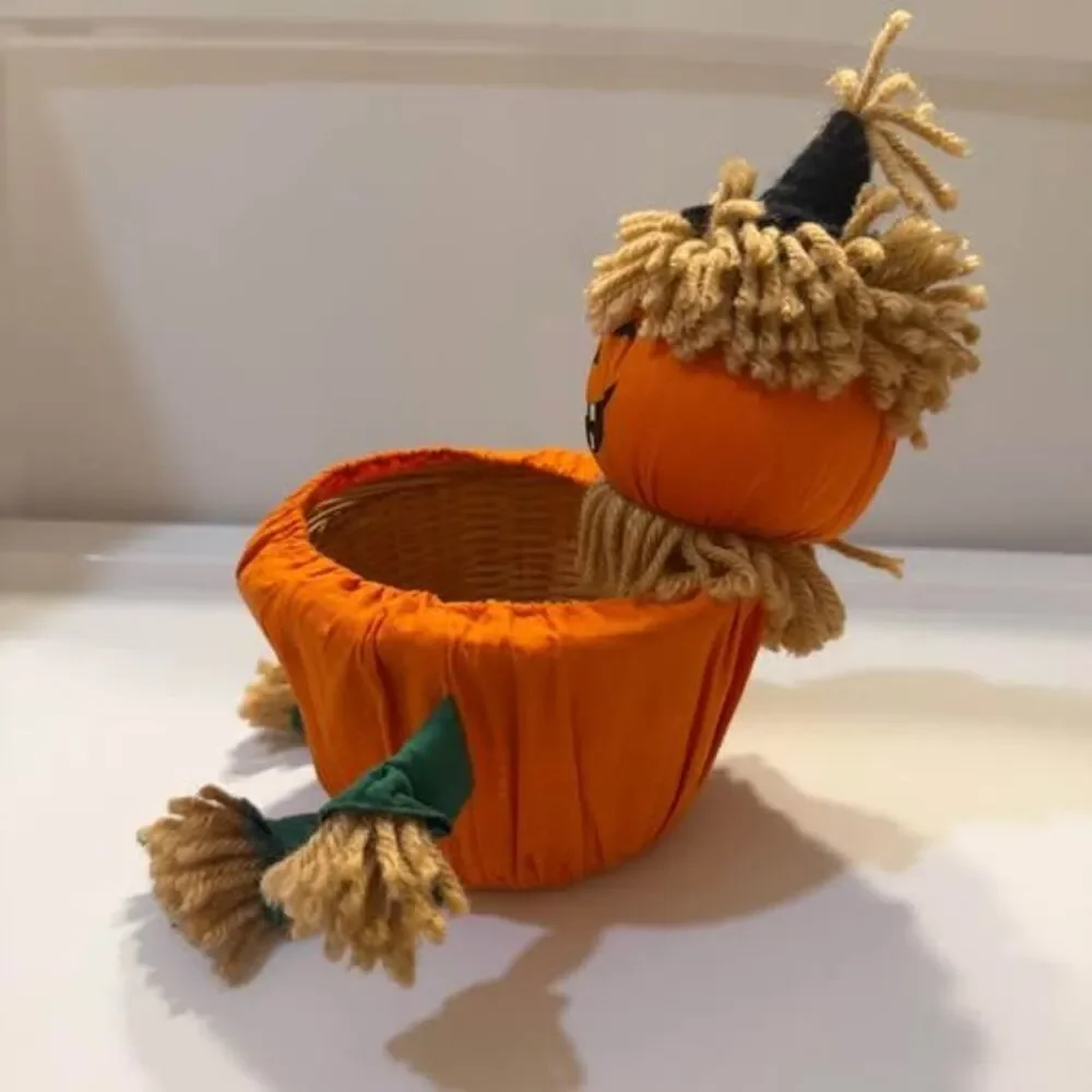 Vintage Pumpkin Scarecrow Wicker Candy Basket Halloween Decor Bowl Y2K Cozy Prim